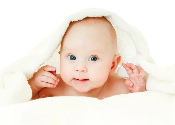 Beautiful baby in a towel after bath — Stock Photo, Image