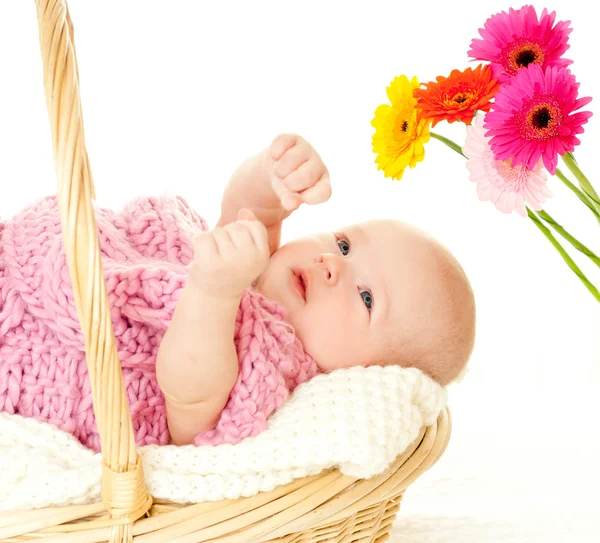 Baby girl in the basket — Stock Photo, Image