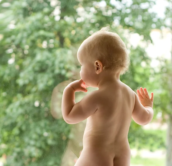 Μωρό ψάχνει έξω από ένα παράθυρο — Φωτογραφία Αρχείου