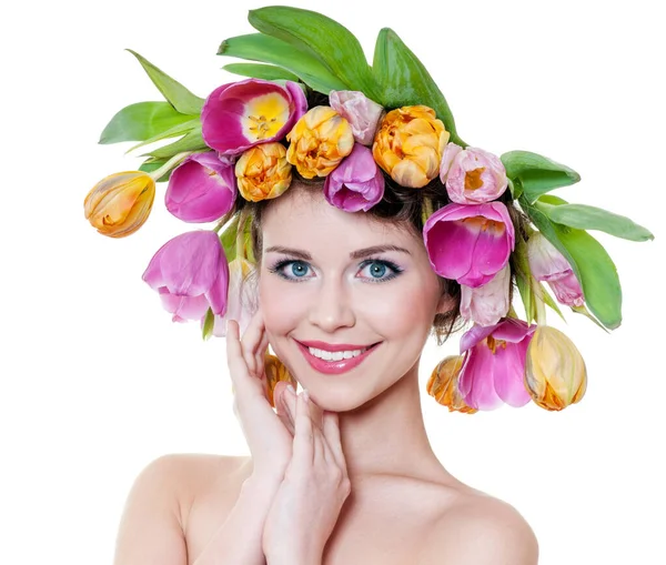 Schoonheid Lente Meisje Met Bloemen Hair Style Mooie Model Vrouw — Stockfoto