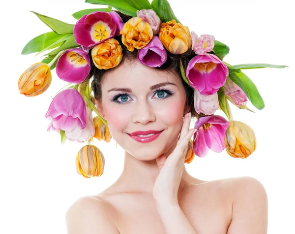 Beauty Spring Girl Mit Blumen Haarstil Schöne Model Frau Mit — Stockfoto