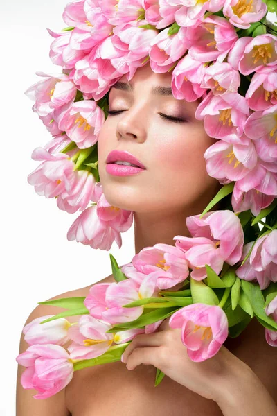 Schoonheid Lente Meisje Met Bloemen Hair Style Lente Bloeitijd — Stockfoto