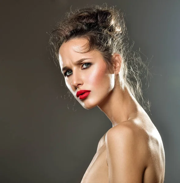 Retrato Mulher Beleza Maquiagem Profissional Batom Vermelho Beleza Lábio Vermelho — Fotografia de Stock