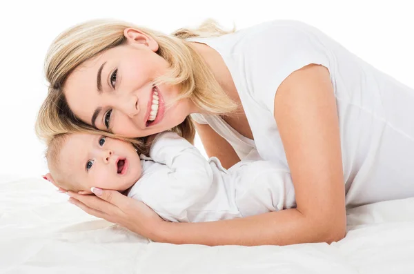 Mãe Bebê Brincando Sorrindo Família Feliz Isolados — Fotografia de Stock