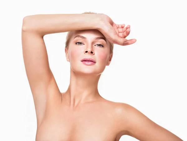 Beautiful Young Woman Holding Her Arms Showing Clean Underarms Armpit — Stock Photo, Image