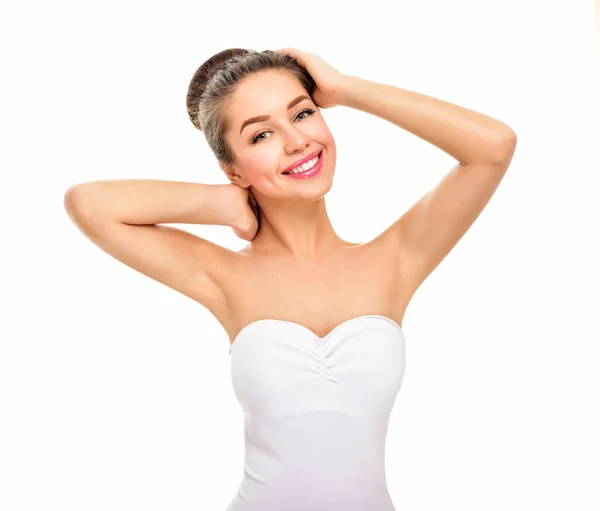 Beautiful Young Woman Holding Her Arms Showing Clean Underarms Armpit — Stock Photo, Image