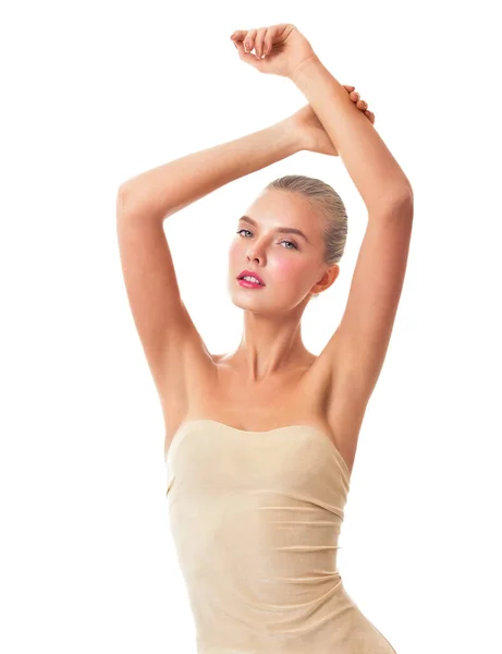 Beautiful Young Woman Holding Her Arms Showing Clean Underarms Armpit — Stock Photo, Image