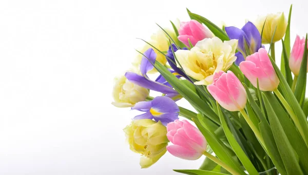 Frühling Tulpenblüten Über Weiß Tulpenstrauß Pinkfarbene Tulpen — Stockfoto