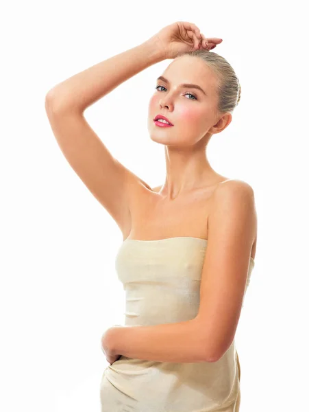 Bella Giovane Donna Tenendo Braccia Alto Mostrando Ascelle Pulite Cure — Foto Stock
