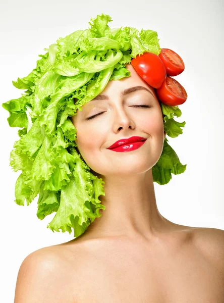 Menina Modelo Bonita Com Estilo Cabelo Alface Conceito Alimentação Saudável — Fotografia de Stock