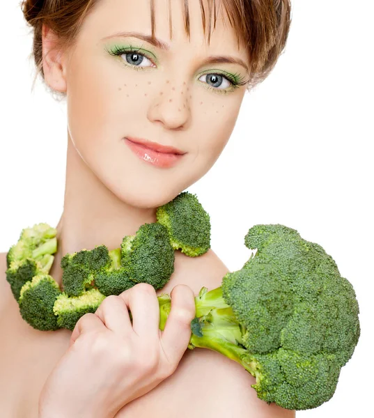 Jeune Belle Femme Aux Légumes Frais Isolée Sur Blanc — Photo