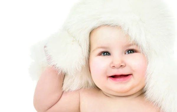 Sweet Laughing Little Baby Huge Fur Hat Beautiful Happy Baby — Stock Photo, Image