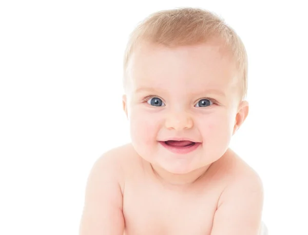 Όμορφο Χαρούμενο Μωρό Ένα Απομονωμένο Στο Λευκό Γελάει Μωρό — Φωτογραφία Αρχείου