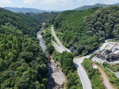Sol tarafında nehir olan bir ormanın içinden geçen bir yol var. Yol ağaçlarla çevrili ve manzara çok güzel.