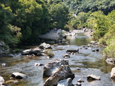 Arkasında kayalar ve ağaçlar olan bir nehir. Su berrak ve sakin. Kayalar nehrin dört bir yanına dağılmış, huzurlu ve huzurlu bir atmosfer yaratıyorlar.