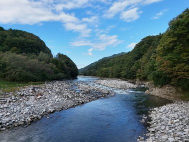 Kayalık bir kıyı şeridi ve açık mavi bir gökyüzü olan bir nehir. Su sakin ve huzurlu. Nehir kenarındaki ağaçlar huzur hissi veriyor.