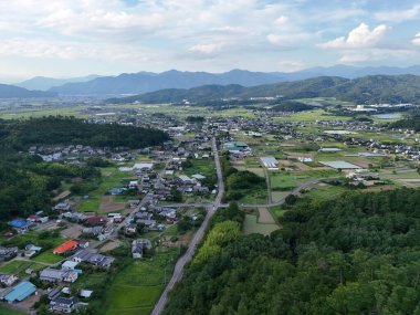 Bir sürü evi ve ortasında yolu olan bir şehir. Evler dağıldı ve yol ağaçlarla çevrili.