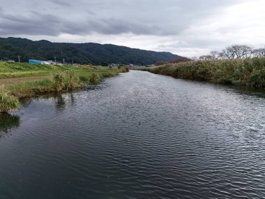Arka planda bulutlu bir gökyüzü olan bir nehir. Su sakin ve gökyüzü kapalı.