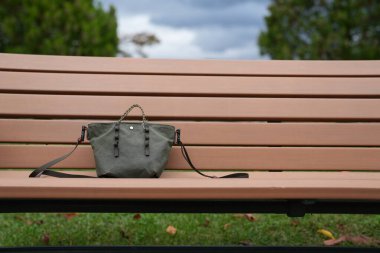 Parktaki bir bankta küçük bir çanta duruyor. Bank ahşaptan yapılmıştır ve çimenli bir alanda yer almaktadır. Huzurlu ve huzurlu bir sahne.