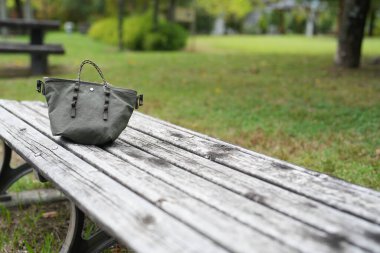 Parktaki ahşap bir bankta küçük bir çanta duruyor. Tezgah boş ve üzerindeki tek nesne çanta. Sahne huzurlu ve sessiz, park sakin bir ortam sağlıyor.