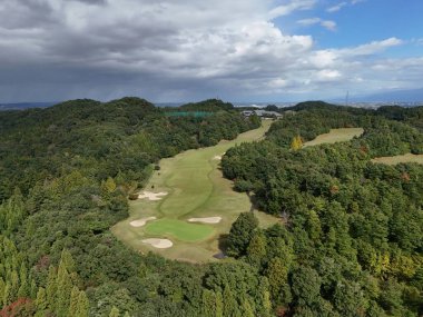Yeşil çimenli bir alanı ve arka planda bir ormanı olan bir golf sahası. Ağaçlar uzun ve gökyüzü bulutlu.