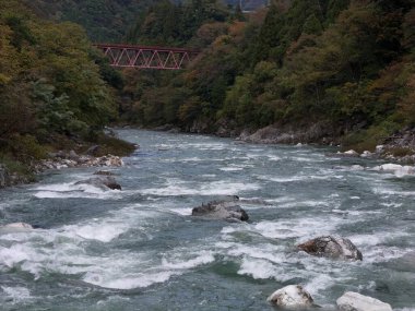 Üzerinde köprü, arkasında da köprü olan bir nehir. Su akıyor ve köprü kırmızı.