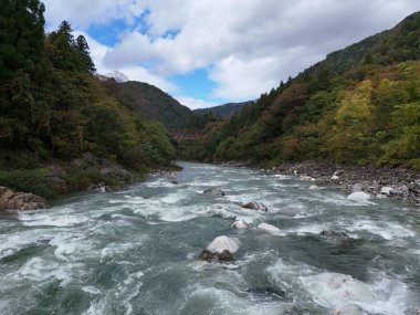 İçinde bir sürü taş olan bir nehir. Su çok berrak ve gökyüzü bulutlu.