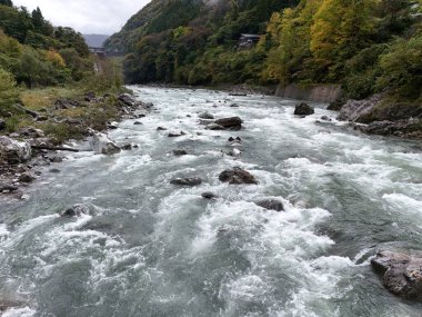 Bir sürü taş ve su olan bir nehir. Su çok berrak ve kayalar nehrin dört bir yanına dağılmış.