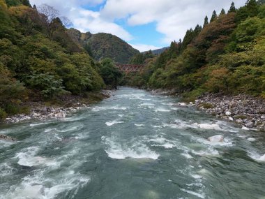 Üzerinde köprü olan bir nehir. Su akıyor ve gökyüzü bulutlu.