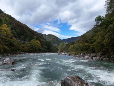 Arka planda bulutlu bir gökyüzü olan bir nehir. Su akıyor ve gökyüzü kapalı.