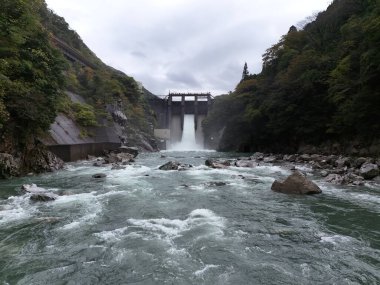 Şelalesi ve barajı olan büyük bir su kütlesi. Su hızlı akıyor ve gökyüzü bulutlu.