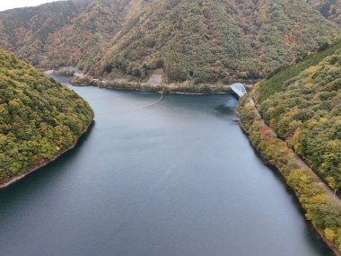 Arkasında köprü olan güzel bir göl. Su sakin ve berrak. Köprü uzakta, ağaçlar da ön planda. Huzurlu ve huzurlu bir sahne.