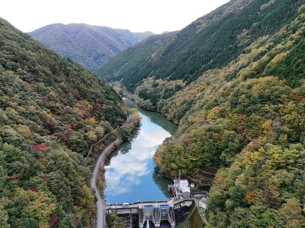 İçinden bir nehir akan güzel bir dağ sırası. Nehir ağaçlarla çevrilidir ve dağlar yapraklarla kaplıdır. Sahne huzurlu ve huzurlu.