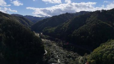 Mavi gökyüzünün altında dağların ve nehrin manzarası