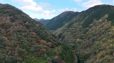 Renkli sonbahar yapraklarıyla çevrili yemyeşil dağlar.