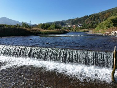 Küçük bir su akıntısı yamaçtan aşağı akar. Su berrak ve sakin. Çevresi yemyeşil ve yemyeşil. Huzurlu ve huzurlu bir sahne.