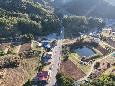 Yolu ve göleti olan bir kırsal bölge. Yol ağaçlar ve evlerle çevrilidir. Gökyüzü mavi ve güneş parlıyor.
