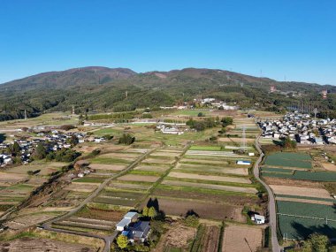 Yeşil tarlaları ve evleri olan bir kırsal bölge. Gökyüzü mavi ve güneş parlıyor.