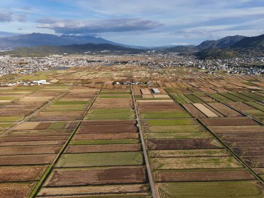 Bir sürü küçük arazisi olan büyük bir tarla. Gökyüzü mavi ve bazı bulutlar var.