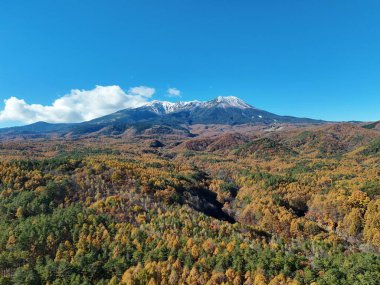 Açık mavi gökyüzü ve birkaç bulutu olan bir dağ sırası. Dağlar ağaçlarla kaplı ve yapraklar renk değiştiriyor.