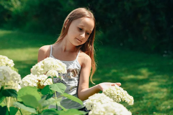 Kleines Mädchen Sommer Spaziert Mit Blumen Durch Die Natur Glückliches — Stockfoto