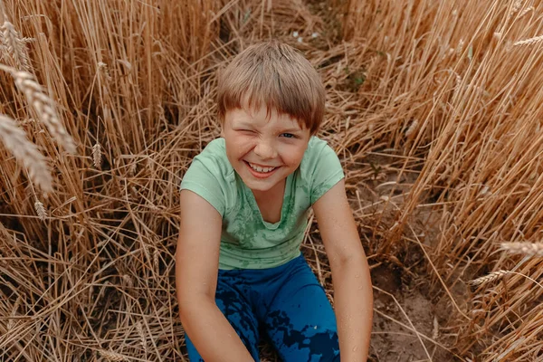 Крупный План Маленького Грязного Мальчика Сидящего Пшеничном Поле Пытающегося Открыть — стоковое фото