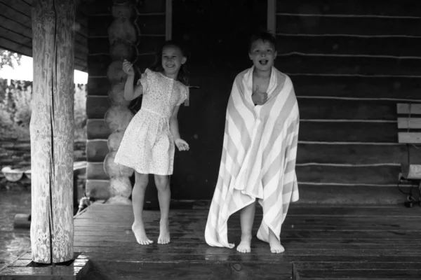 Black White Photo Two Children Boy Wrapped Towel Girl Standing — Stock Photo, Image