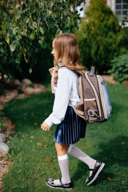 Beyaz gömlekli güzel bir kız öğrenci ve arkasında porselen olan bir etek okula gider. Bilgi ve öğrenme konsepti. Okula geri dön..