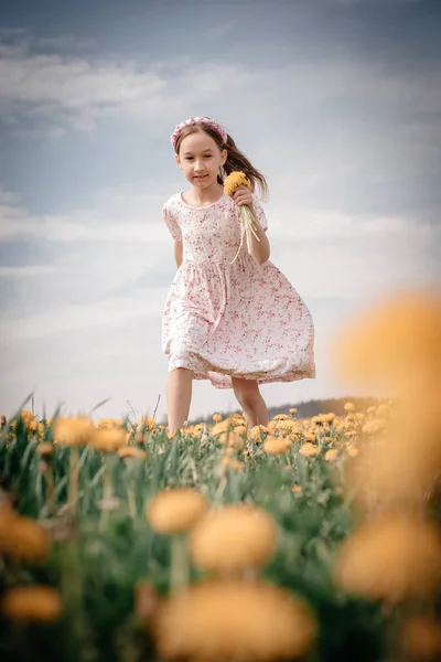 Little Girl White Dress Running Yellow Field Spring Has Come — Stock Photo, Image