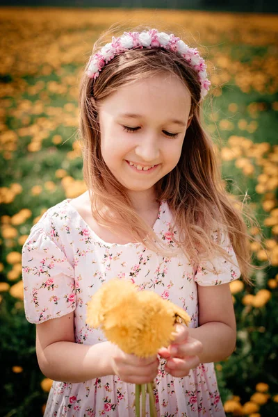 Little Girl White Dress Wreath Her Head Yellow Meadow Spring — Stock Photo, Image