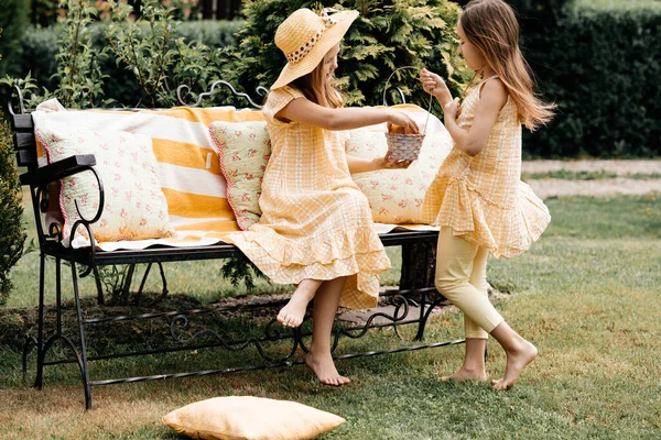 長い黄色のドレスで2人の小さな女の子の芝生の手を保持し チャットを歩いている 夏休みだ 子供のスタイルとファッションの概念 トーニング — ストック写真