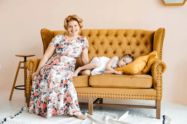 Woman Girl Sitting Sofa Pillows — Stock Photo, Image