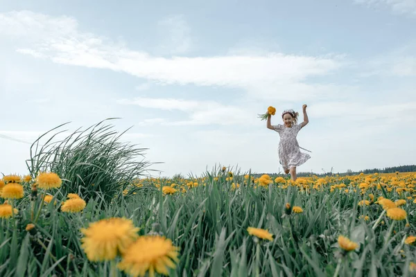 Little Girl White Dress Running Yellow Field Spring Has Come — Stock Photo, Image