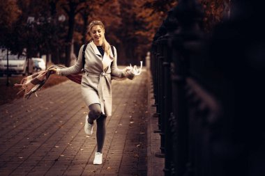 Paltolu şirin bir sarışın, sonbahar yapraklarının yanındaki köprünün yanındaki parkta yürüyor. Tarz ve moda konsepti. Sarı ağaçlar. Sonbahar zamanı.